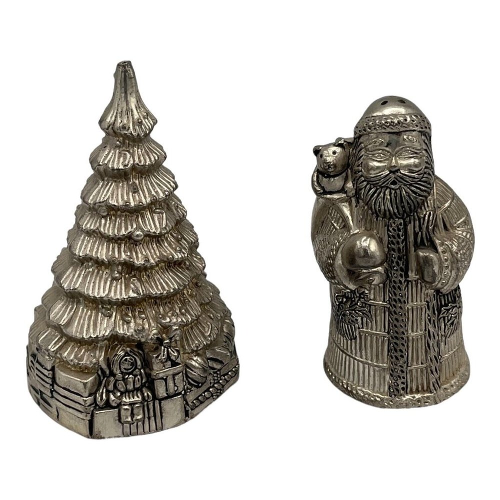 Holiday Santa Claus and Christmas Tree Silver Plated Salt and Pepper Set Heavy